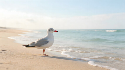 Fototapeta premium Seagull on sandy beach near ocean