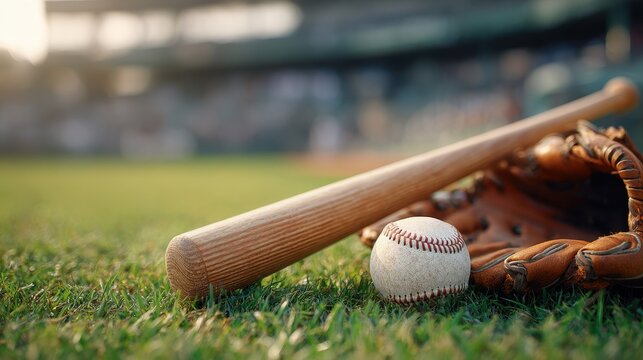 Baseball Bat, Glove and Ball on Green Grass with Copy Space for Text