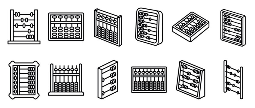 Abacus icons collection showcasing various outline and isometric styles for mathematical calculations and learning.