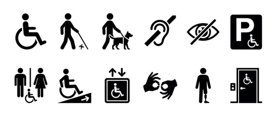 Obraz na płótnie Canvas Accessibility icons set featuring various disability symbols for inclusive design, public spaces, and universal access, representing different needs and services.