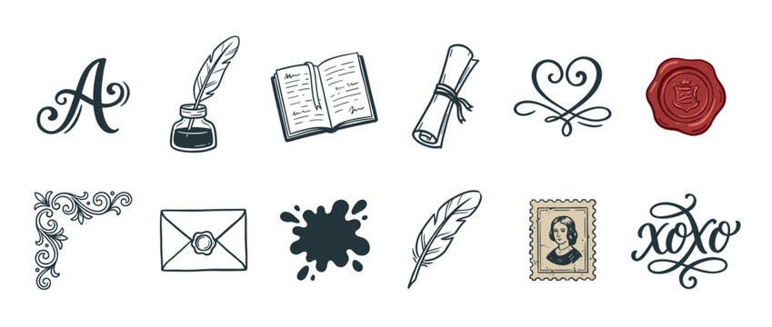 Vintage writing and calligraphy elements set featuring inkwell, quill, book, scroll, wax seal, and decorative flourishes for creative design.