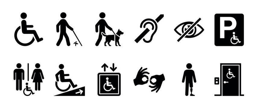 Accessibility icons set featuring various disability symbols for inclusive design, public spaces, and universal access, representing different needs and services.