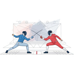 Fototapeta premium Two Fencers in Combat with Swords, Competitive Sport