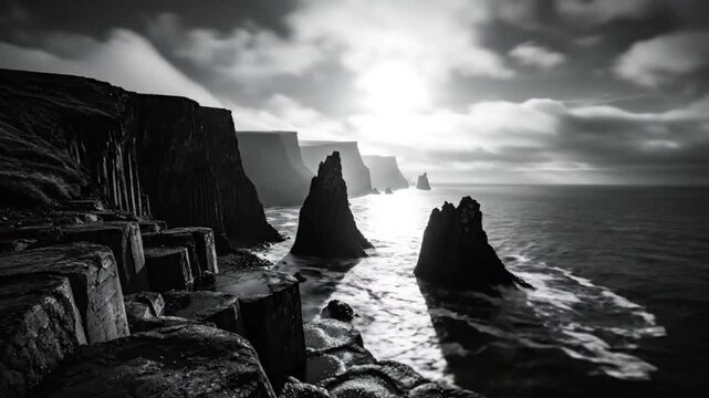 Dramatic black and white landscape of rugged coastal cliffs, ocean, and sea stacks under a cloudy sky.