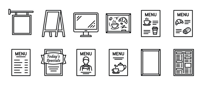 Cafe restaurant menu signs icon set featuring various types of display boards, digital screens, and paper menus for food and drink establishments.