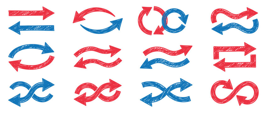 Hand drawn arrows in red and blue colors, depicting various directions, refresh, exchange, and infinity symbols with a playful doodle style.