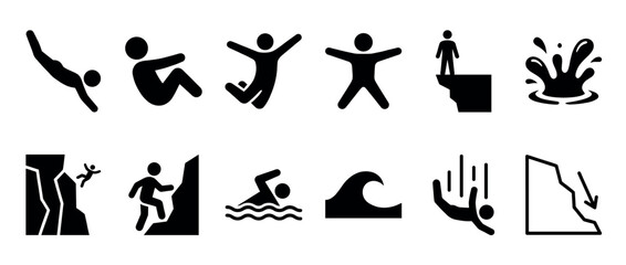 Obraz premium Black silhouette icons illustrating various outdoor activities, potential dangers, and natural elements like water and cliffs.