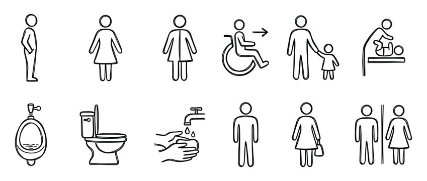 Hand drawn doodle style public restroom icons set including male, female, disabled, family, baby changing, toilet, urinal, and hand washing symbols.