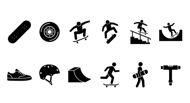 Skateboard and skateboarding icons depicting various actions, equipment, and park features for extreme sports.