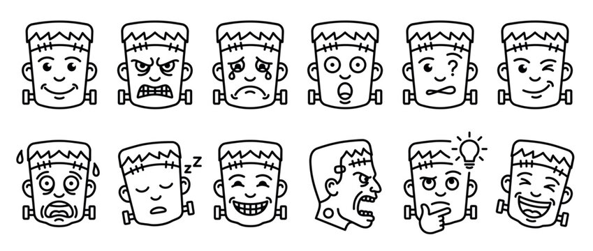 Cartoon Frankenstein monster heads displaying a wide range of emotions and expressions, perfect for Halloween or spooky themes.