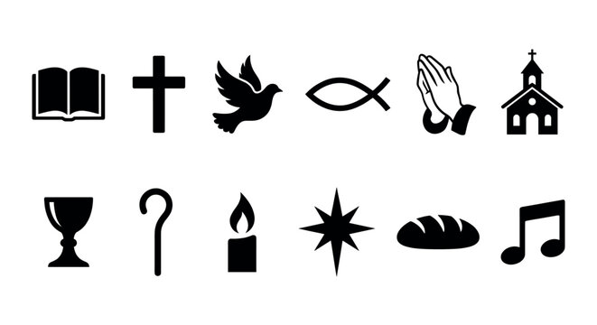Christian symbols collection featuring various religious icons like a cross, dove, praying hands, church, bible, and chalice, representing faith and spirituality.