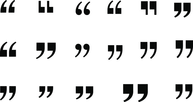 Black and white grid illustration of quotation mark symbols in diverse typographic styles, showcasing font variations, design differences, punctuation marks, and readability