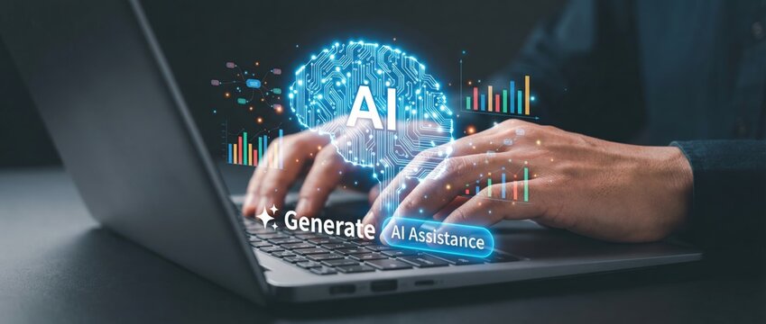 Ai assistance generation business environment digital technology laptop workspace professional viewpoint enhancing productivity through artificial intelligence