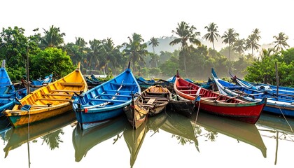 Obraz premium Colorful fishing boats are docked, reflecting in the calm water, with palm trees and a lush background of greenery and fog