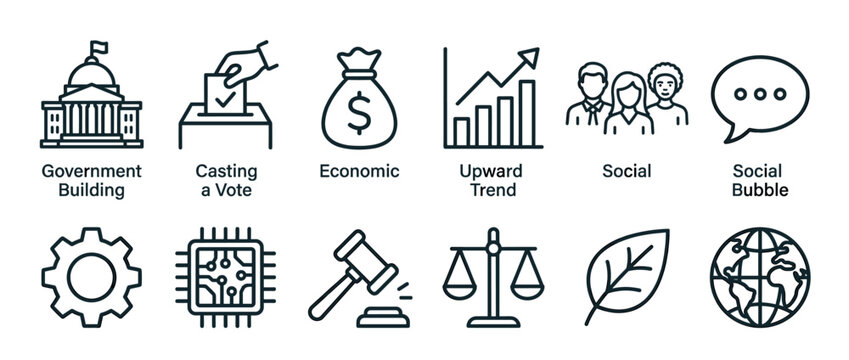 Collection of line icons representing various societal, economic, technological, and environmental concepts for modern business.