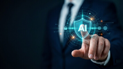 Fototapeta premium Artificial intelligence cybersecurity data protection digital shield business technology virtual interface secure network concept of confident professional touching glowing security icon