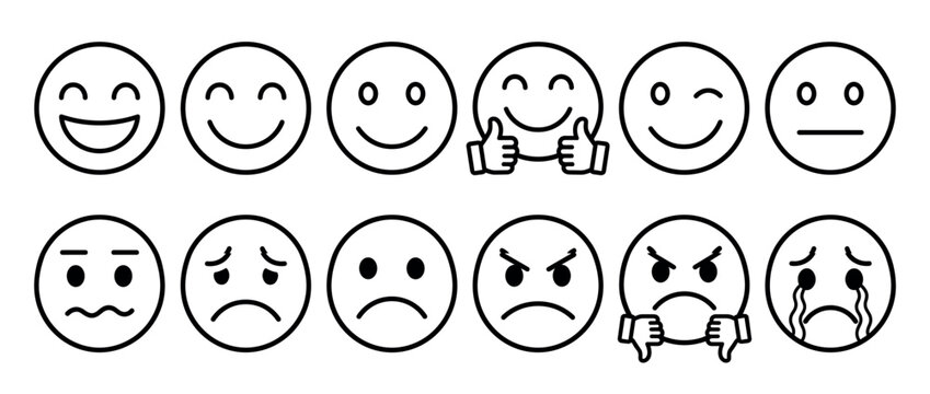 Collection of outline emoji faces depicting a wide range of human emotions from happy to sad and angry.