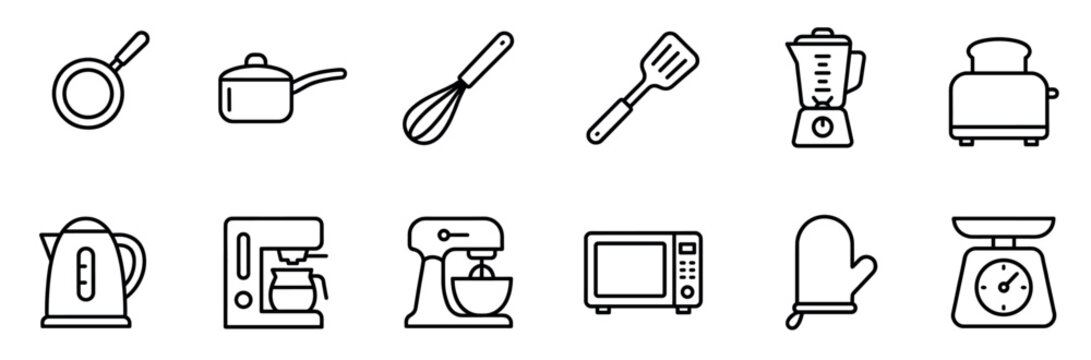 Kitchen utensils and appliances outline icons set featuring various cooking tools and electronic devices for modern home kitchens.