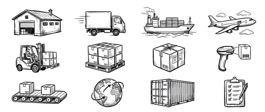 Logistics shipping delivery transportation cargo icons set in a hand-drawn sketch style, representing various elements of global supply chain and distribution.