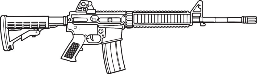 Semi Automatic Rifle Black and White Line Art Vector Modern Firearm Illustration © chien
