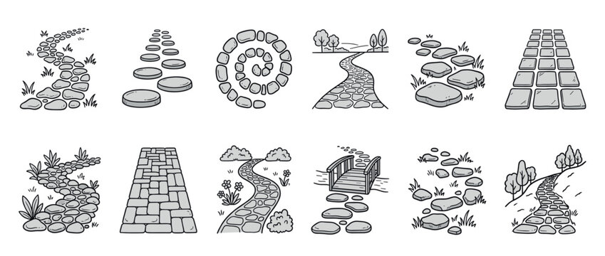 Collection of hand-drawn garden paths and stepping stones illustrations, featuring various designs like winding stone paths, straight paver walkways, and decorative elements.
