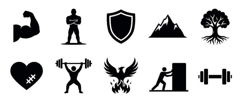 Black silhouette icons illustrating strength, power, resilience, and physical fitness concepts for diverse applications.