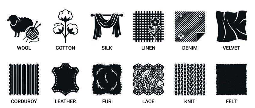 Fabric types icons set illustrating various textile materials like wool, cotton, silk, and leather for fashion and design industry applications.