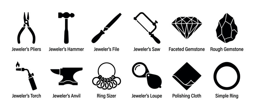 Jeweler's tools and jewelry items icon set, featuring various equipment for crafting and repairing precious metal pieces and gemstones.