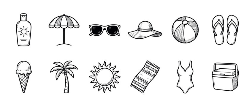 Summer beach vacation items hand drawn as a collection of essential travel objects for sunny holidays and outdoor leisure activities.