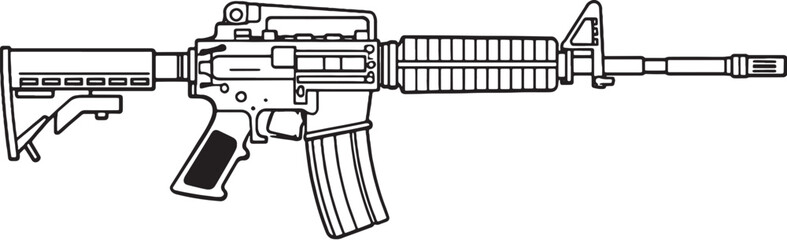 Assault Rifle Black and White Line Art Vector Military Firearm Illustration