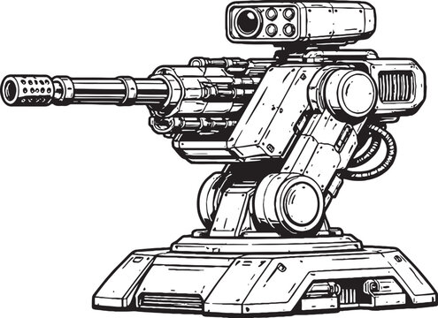 Automated Gun Turret Vector Line Art Side View Robotic Weapon System Illustration