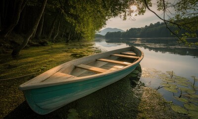 Obraz premium Tranquil Lakeside Boat