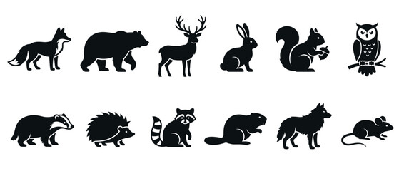 Obraz premium Forest animals silhouettes collection featuring various wild creatures in a simple graphic style for nature and wildlife themes.
