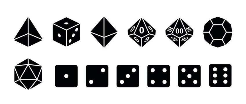 Collection of different polyhedral dice shapes and standard six-sided dice faces used in tabletop games.