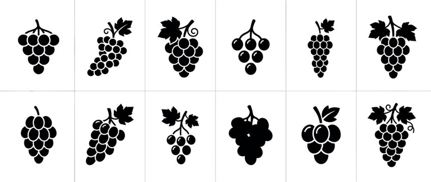 Grape icons collection featuring various black silhouette designs for wine, fruit, and vineyard themes.
