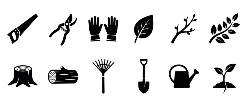 Gardening tools and nature elements icon set featuring various equipment for horticulture and plant care activities.