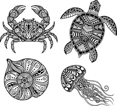 Black and white ornamental illustration of marine animals including crab, sea turtle, seashell, and jellyfish with decorative mandala style artistic patterns