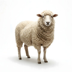 Fototapeta premium A fluffy domestic sheep with a thick wool coat stands calmly, looking forward on a pristine white background, embodying the tranquility of farm animals