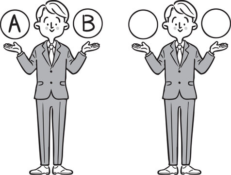 AとBの選択肢　若い男性会社員　全身　ベクター（モノクロ）