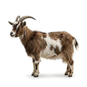 A beautiful brown and white domestic goat stands in full profile, showcasing its curved horns and striking fur pattern against a pristine white studio background