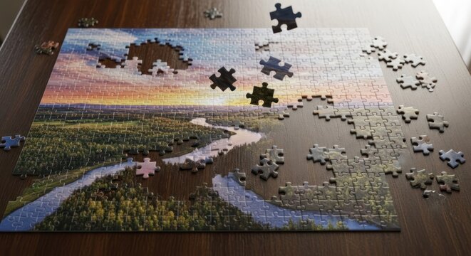 A partially completed jigsaw puzzle depicting a serene landscape with a river, forest, and sunset sky. The puzzle pieces are scattered around the edges,