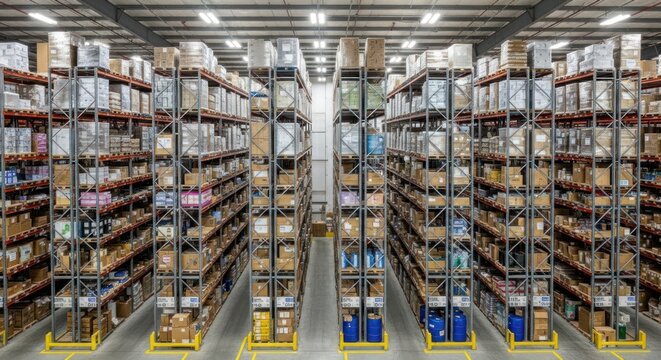 A large, modern warehouse with high ceilings and rows of metal shelving units filled with various boxes and packages. The space is well-lit with overhead lighting,
