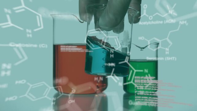 Animation of data processing and chemical formulas over hand of lab worker shaking liquid in glass
