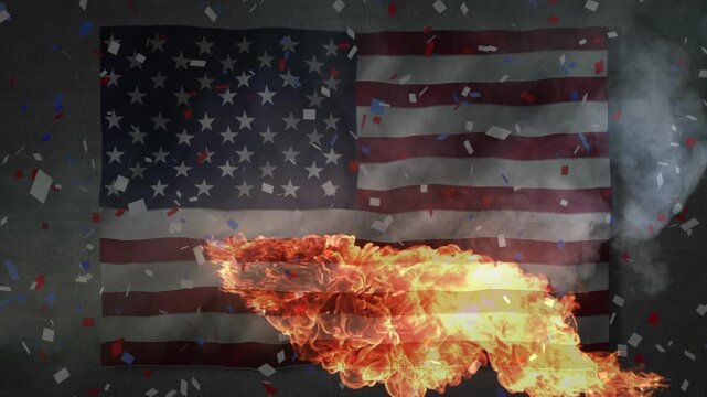 Animation of waving usa flag and flames