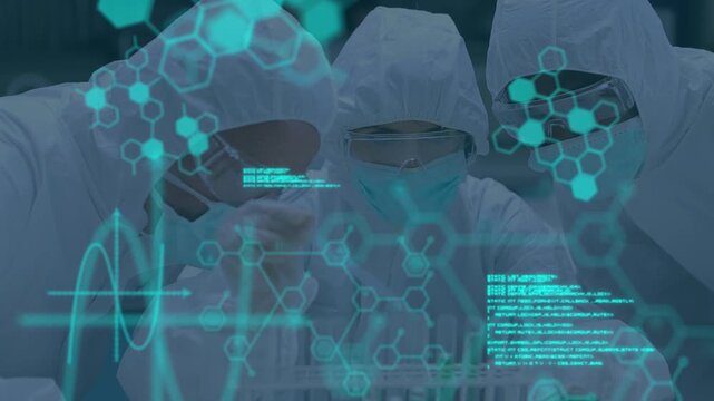 Animation of molecules and data processing over diverse scientists in lab