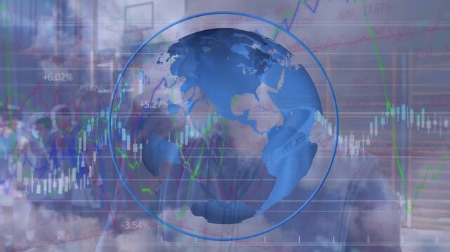 Animation of financial data processing and globe over diverse basketball player