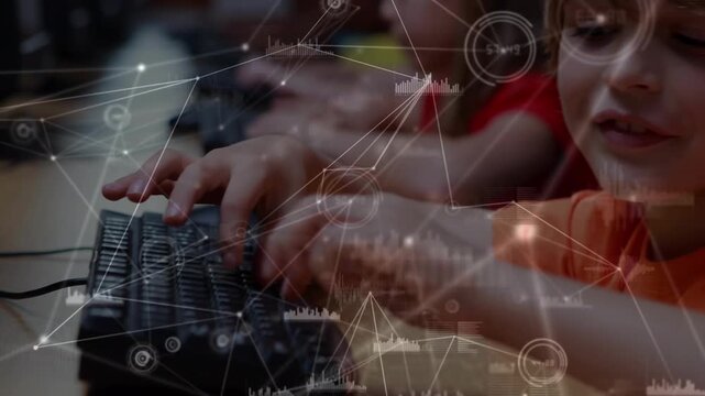 Network of connections and data processing against caucasian boy using computer at school