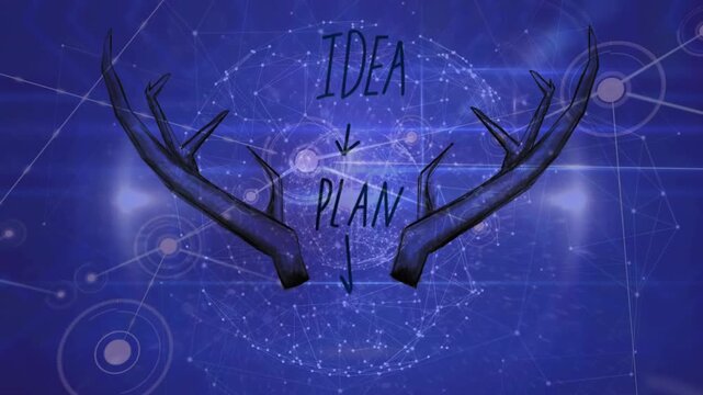 Idea plan text banner with deer horns icons against globe network of connections on blue background