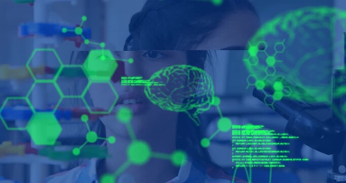 Animation of data processing over woman using microscope in lab