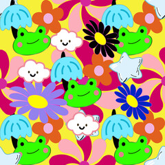 Naklejka premium Cute Frog Seamless Pattern Kawaii Cartoon Animals Floral Background Colorful Kids Design